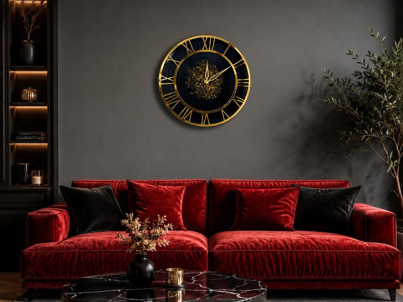 Luxury Black Resin Wall Clock, Handmade Epoxy Clock, Gold Roman Numerals, Silent Quartz Mechanism, Modern Home Decor, Housewarming Gift