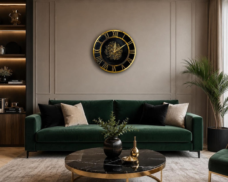 Luxury Black Resin Wall Clock, Handmade Epoxy Clock, Gold Roman Numerals, Silent Quartz Mechanism, Modern Home Decor, Housewarming Gift