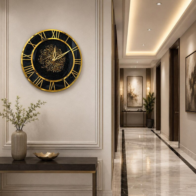 Luxury Black Resin Wall Clock, Handmade Epoxy Clock, Gold Roman Numerals, Silent Quartz Mechanism, Modern Home Decor, Housewarming Gift