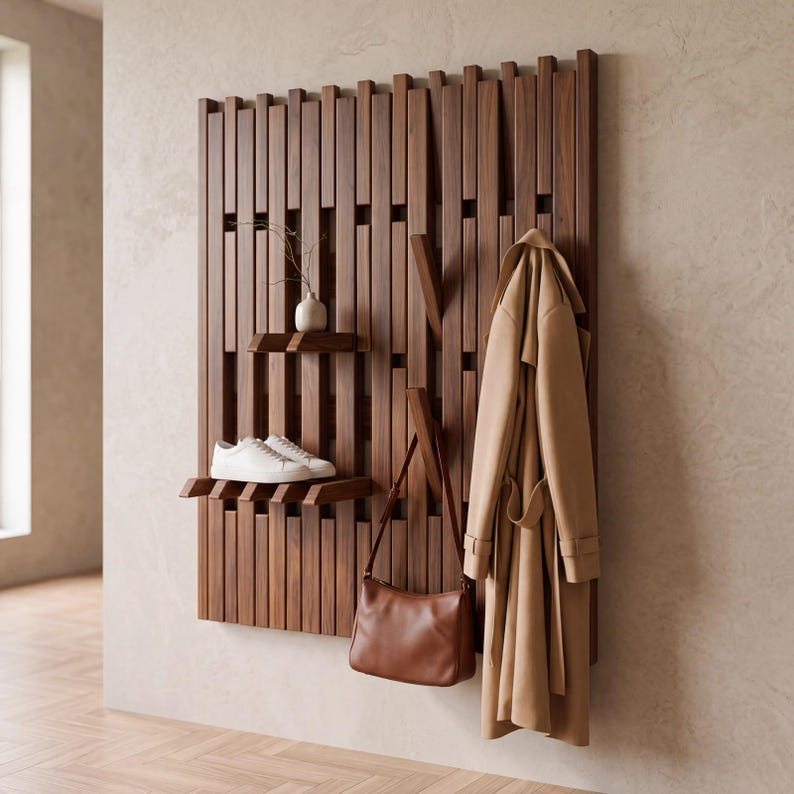 Luxury Wooden Coat rack, Modern Entryway Organizer | Solid Wood Wall Rack with Hooks | Shoe Storage | Handmade Coat Rack | Japandi Storage