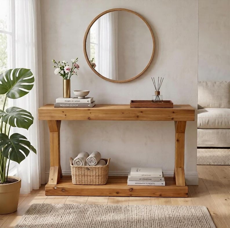 Luxury Farmhouse Console Table, Solid Pine Wood with Rustic Design