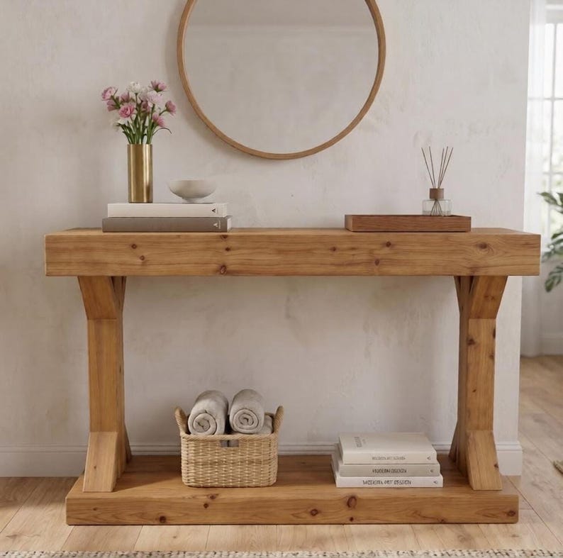 Luxury Farmhouse Console Table, Solid Pine Wood with Rustic Design