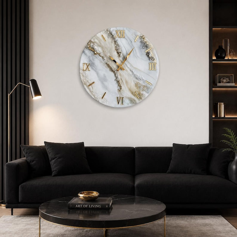 Large Marble Resin Wall Clock, Luxury Geode Clock, Gold Roman Numeral, Handmade White Marble Wall Decor, Silent Quartz Clock, Gift for Mom