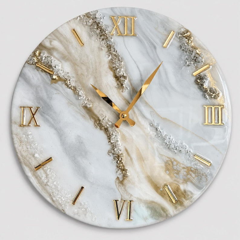 Large Marble Resin Wall Clock, Luxury Geode Clock, Gold Roman Numeral, Handmade White Marble Wall Decor, Silent Quartz Clock, Gift for Mom