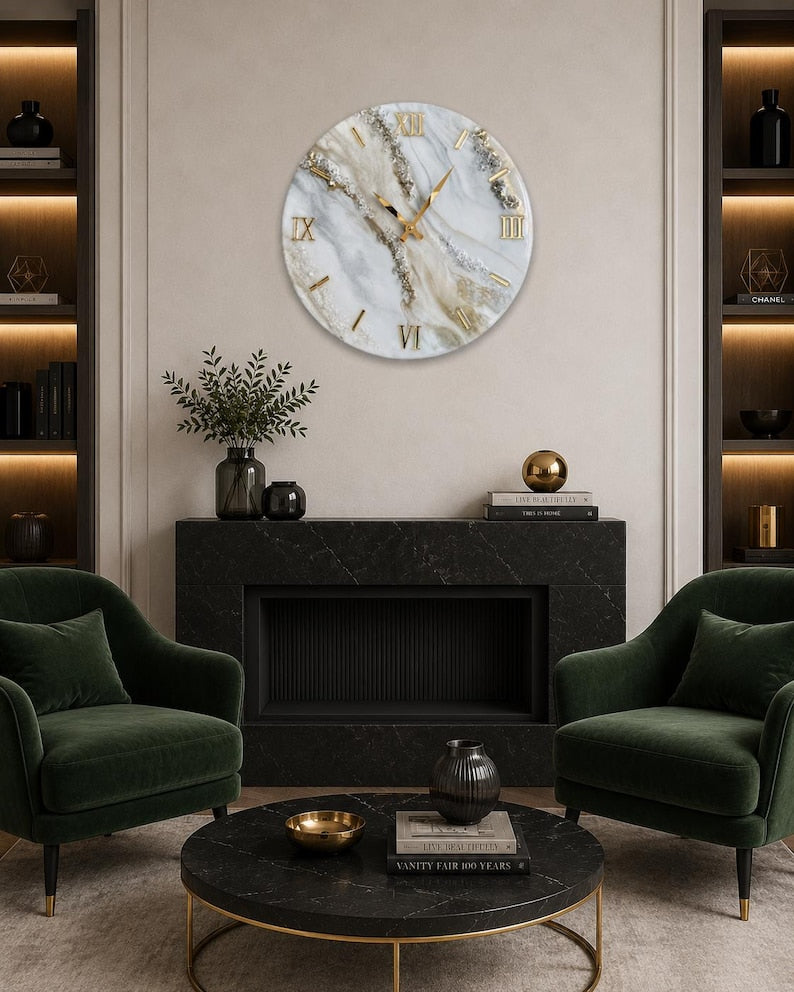 Large Marble Resin Wall Clock, Luxury Geode Clock, Gold Roman Numeral, Handmade White Marble Wall Decor, Silent Quartz Clock, Gift for Mom