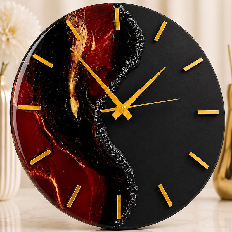 Large Red Black Resin Wall Clock, Luxury Epoxy Clock, Gold Clock Hands, Handmade Modern Wall Decor, Silent Quartz Clock, Gift for Men