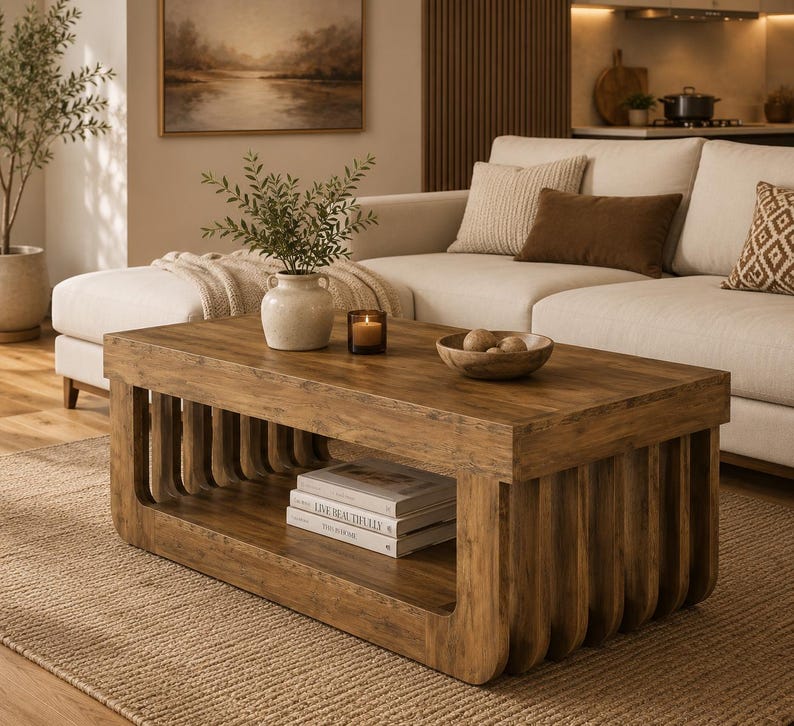 Luxury Farmhouse Coffee Table with Storage — Rustic Wood 2-Tier Rectangular Center Table, Fluted Fence Design Living Room Decor
