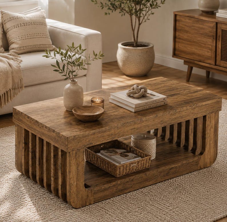 Luxury Farmhouse Coffee Table with Storage — Rustic Wood 2-Tier Rectangular Center Table, Fluted Fence Design Living Room Decor