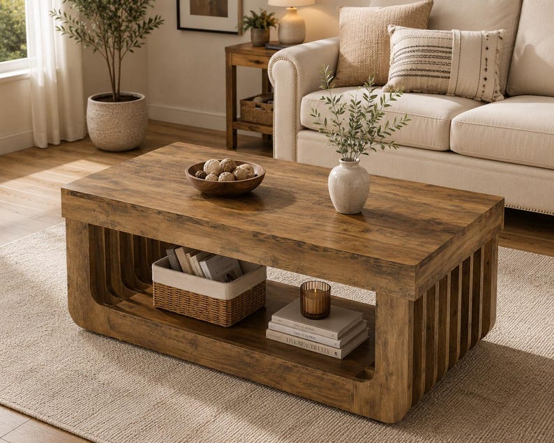 Luxury Farmhouse Coffee Table with Storage — Rustic Wood 2-Tier Rectangular Center Table, Fluted Fence Design Living Room Decor