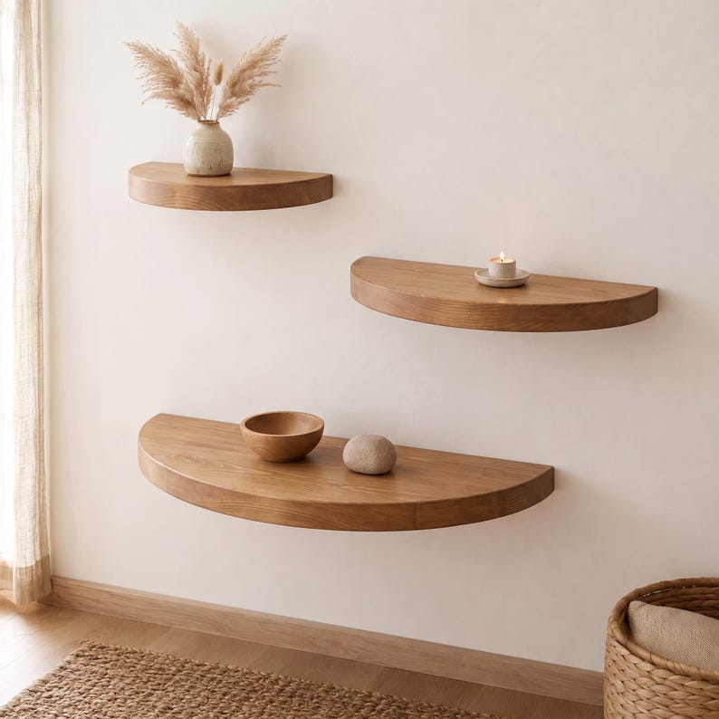 Luxury Floating Shelfs, Half Circle Floating Shelf Set, Wooden Wall Decor, Set of 3