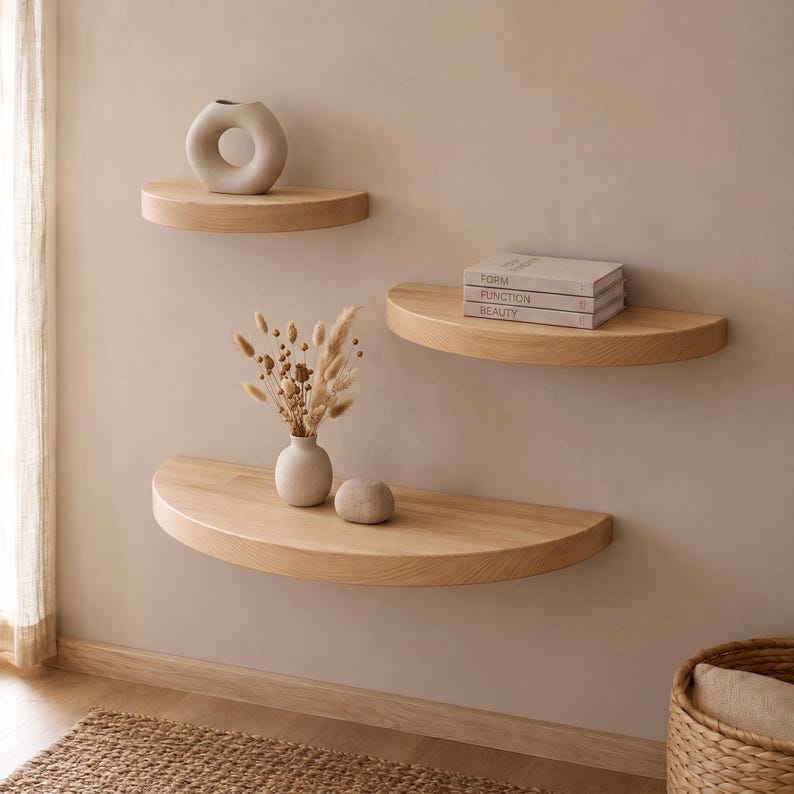 Luxury Floating Shelfs, Half Circle Floating Shelf Set, Wooden Wall Decor, Set of 3
