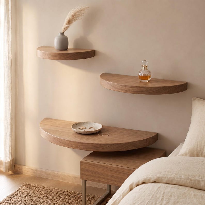 Luxury Floating Shelfs, Half Circle Floating Shelf Set, Wooden Wall Decor, Set of 3