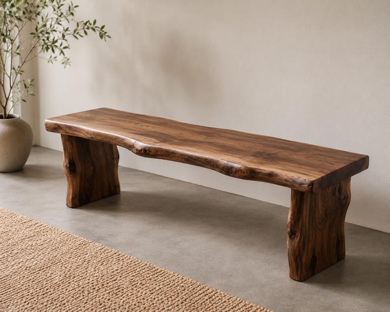 Solid Walnut Live Edge Bench | Rustic Handmade Wooden Entryway Dining Furniture