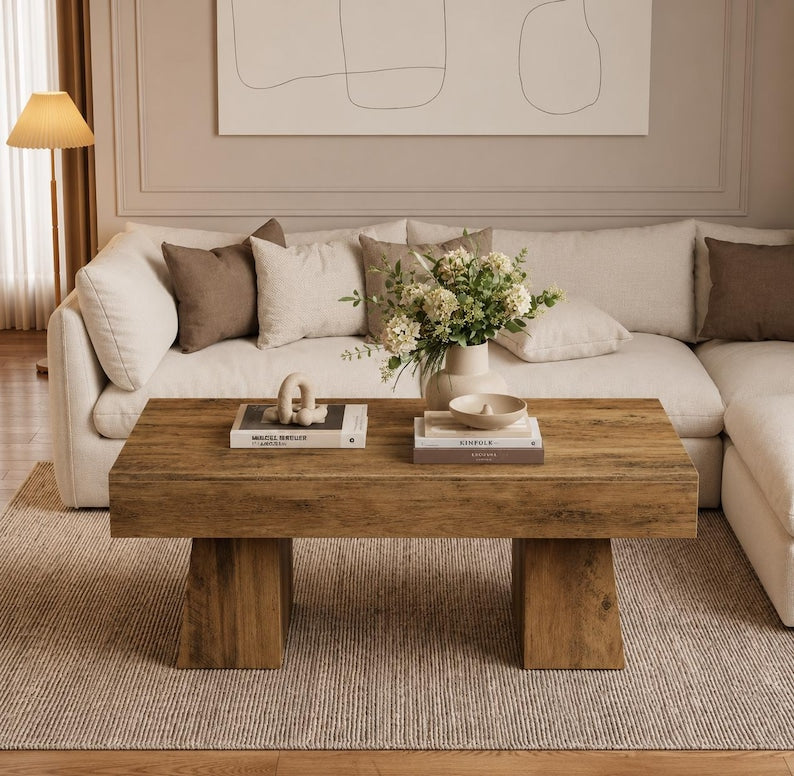 Rustic Coffee Table, Vintage Wood Coffee Table with Chunky Block Legs, Farmhouse Cocktail Table, Modern Rectangle Living Room Table
