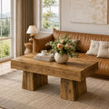 Rustic Coffee Table, Vintage Wood Coffee Table with Chunky Block Legs, Farmhouse Cocktail Table, Modern Rectangle Living Room Table