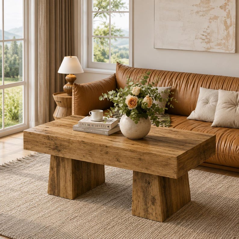 Rustic Coffee Table, Vintage Wood Coffee Table with Chunky Block Legs, Farmhouse Cocktail Table, Modern Rectangle Living Room Table