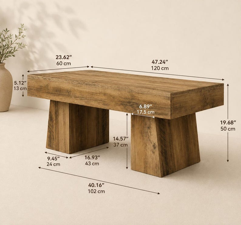 Rustic Coffee Table, Vintage Wood Coffee Table with Chunky Block Legs, Farmhouse Cocktail Table, Modern Rectangle Living Room Table