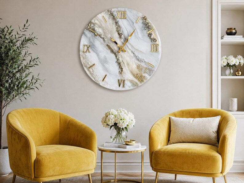 Large Marble Resin Wall Clock, Luxury Geode Clock, Gold Roman Numeral, Handmade White Marble Wall Decor, Silent Quartz Clock, Gift for Mom