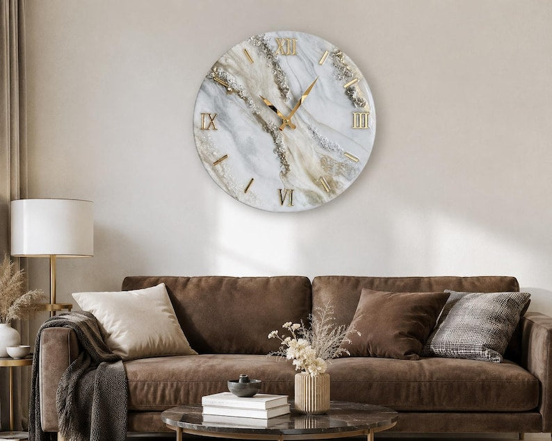 Large Marble Resin Wall Clock, Luxury Geode Clock, Gold Roman Numeral, Handmade White Marble Wall Decor, Silent Quartz Clock, Gift for Mom
