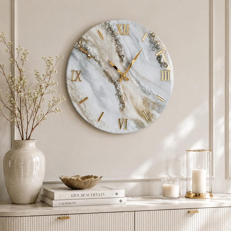Large Marble Resin Wall Clock, Luxury Geode Clock, Gold Roman Numeral, Handmade White Marble Wall Decor, Silent Quartz Clock, Gift for Mom