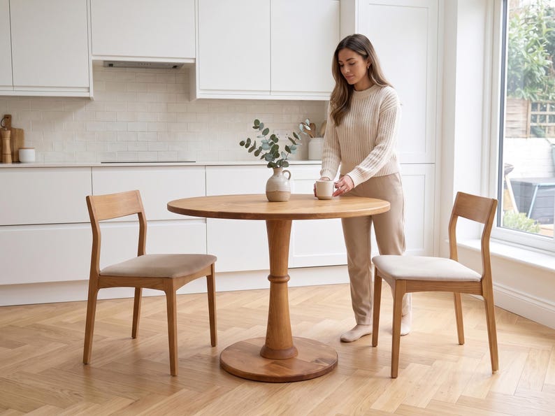 Luxury Round Pedestal Dining Table, Solid Wood Bistro Table for Two, Small Kitchen Breakfast Table, Mid Century Café Furniture, Custom Made Dining