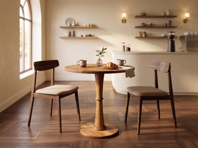 Luxury Round Pedestal Dining Table, Solid Wood Bistro Table for Two, Small Kitchen Breakfast Table, Mid Century Café Furniture, Custom Made Dining