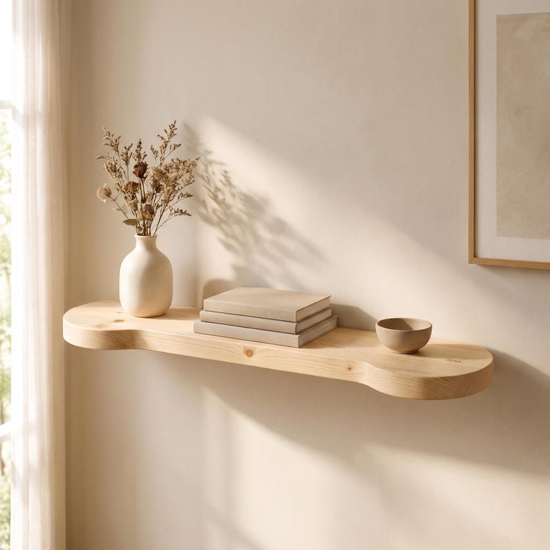 Luxury Rounded Corners Pine Wood Wood Floating Shelf, Organic Rounded Wall Shelf - 2.5 Feet