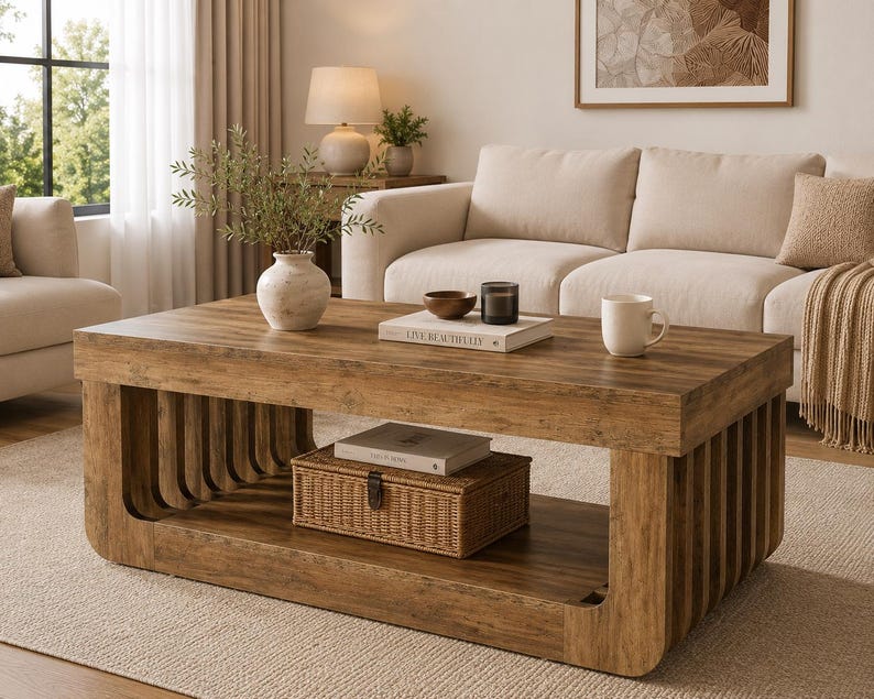 Luxury Farmhouse Coffee Table with Storage — Rustic Wood 2-Tier Rectangular Center Table, Fluted Fence Design Living Room Decor