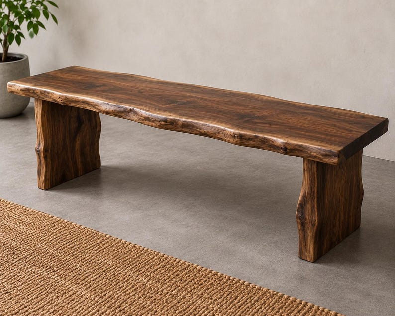 Solid Walnut Live Edge Bench | Rustic Handmade Wooden Entryway Dining Furniture