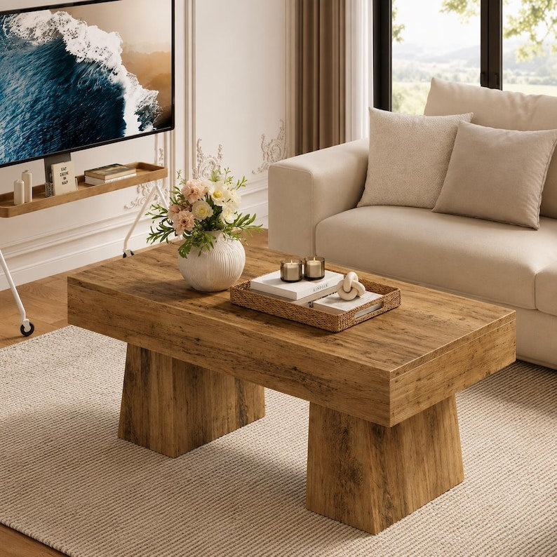 Rustic Coffee Table, Vintage Wood Coffee Table with Chunky Block Legs, Farmhouse Cocktail Table, Modern Rectangle Living Room Table