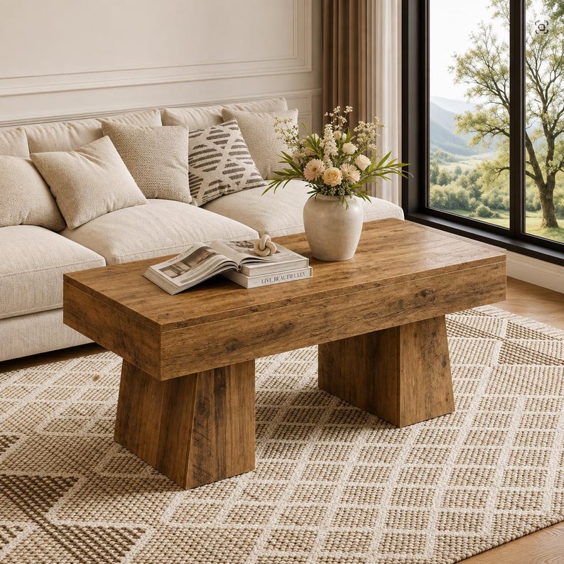 Rustic Coffee Table, Vintage Wood Coffee Table with Chunky Block Legs, Farmhouse Cocktail Table, Modern Rectangle Living Room Table