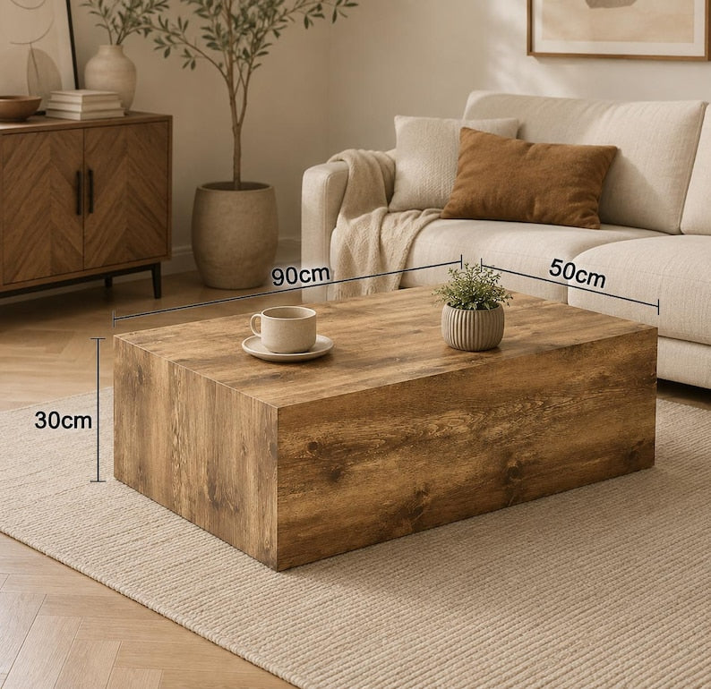 Premium Handmade Coffee Table, Modern Wood Block Coffee Table, 90cm Solid Rectangular Table, Ready to Use