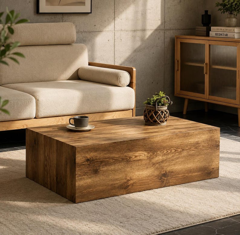 Premium Handmade Coffee Table, Modern Wood Block Coffee Table, 90cm Solid Rectangular Table, Ready to Use