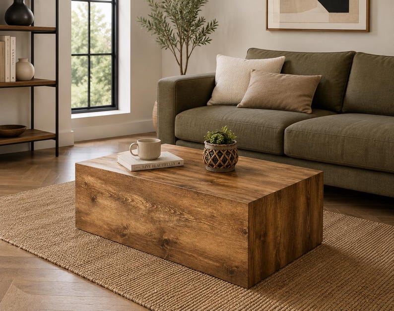 Premium Handmade Coffee Table, Modern Wood Block Coffee Table, 90cm Solid Rectangular Table, Ready to Use