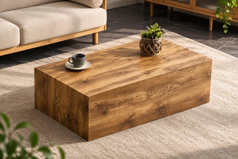 Premium Handmade Coffee Table, Modern Wood Block Coffee Table, 90cm Solid Rectangular Table, Ready to Use