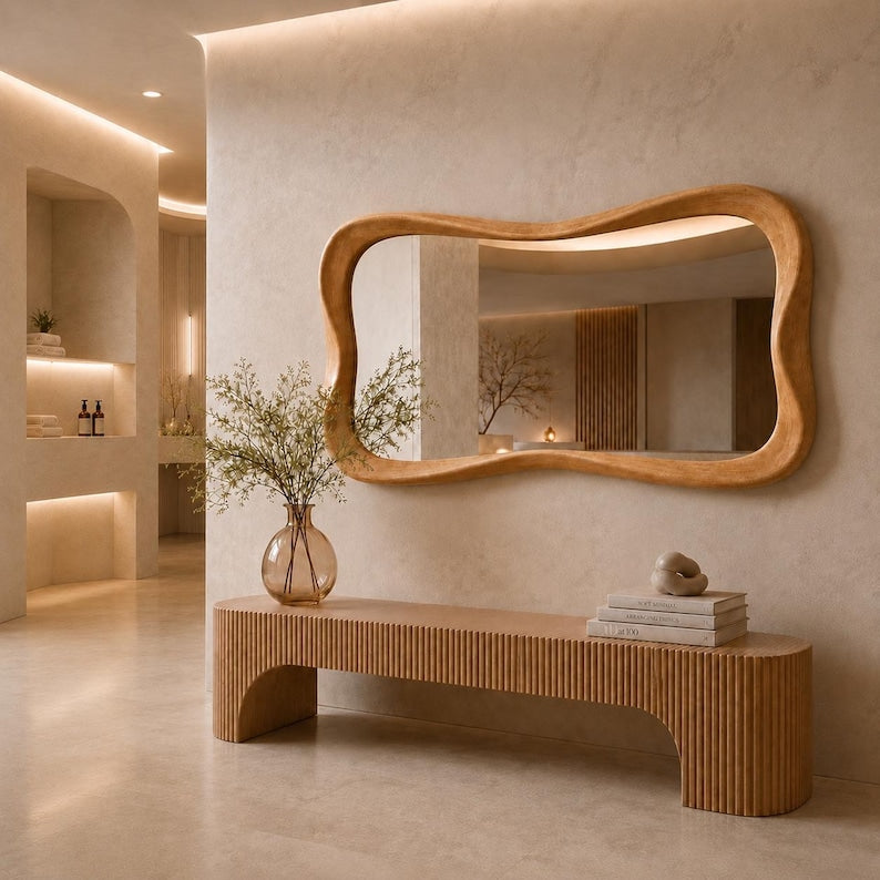 Luxury Handcrafted Wavy Mirror, Asymmetrical Teak Wood Frame, Modern Wall Decor, Living Room Bedroom, Housewarming Gift