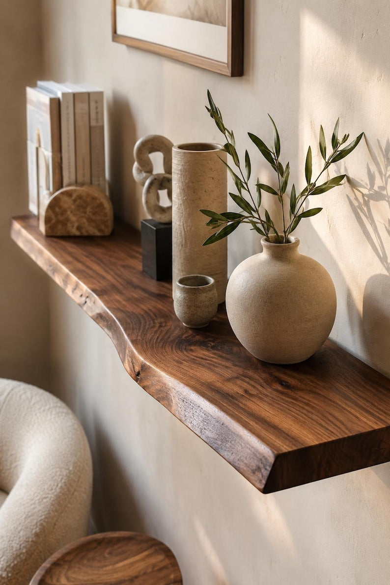 Solid Walnut Live Edge Floating Shelf, Rustic Handcrafted Home Decor, Custom Size Shelves