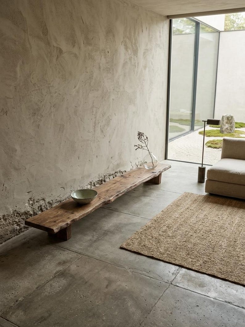 Low Console Table Decorative Wabi Sabi Bench Japanese Solid Wood Furniture Wood Slab Bench Earth Toned Display Bench Earthy Colour Interior