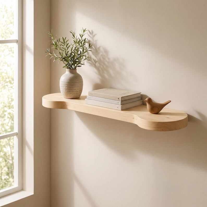 Luxury Rounded Corners Pine Wood Wood Floating Shelf, Organic Rounded Wall Shelf - 2.5 Feet