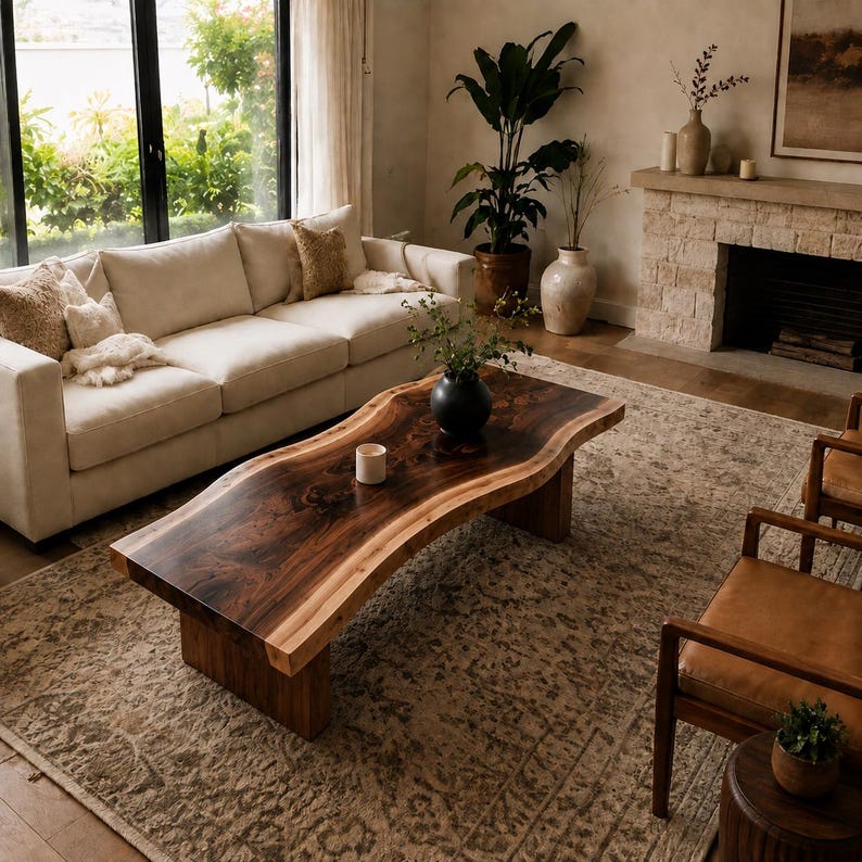 Solid Wood Live Edge Coffee Table, Modern Wood Coffee Table, Rustic Sofa Table, Unique Low Table, Handmade Natural Wood Centerpiece