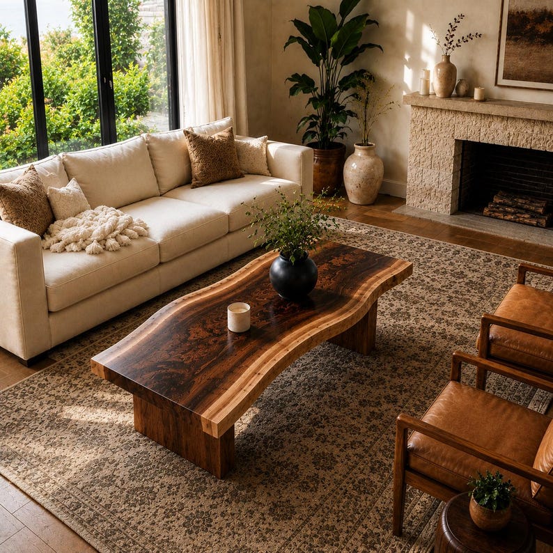 Solid Wood Live Edge Coffee Table, Modern Wood Coffee Table, Rustic Sofa Table, Unique Low Table, Handmade Natural Wood Centerpiece
