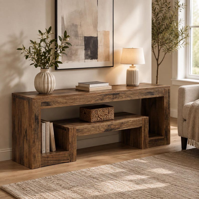 Luxury Farmhouse TV Stand for 65 Inch TV – Rustic Brown Entertainment Center with Open Storage Shelves, Wooden Media Console for Living Room
