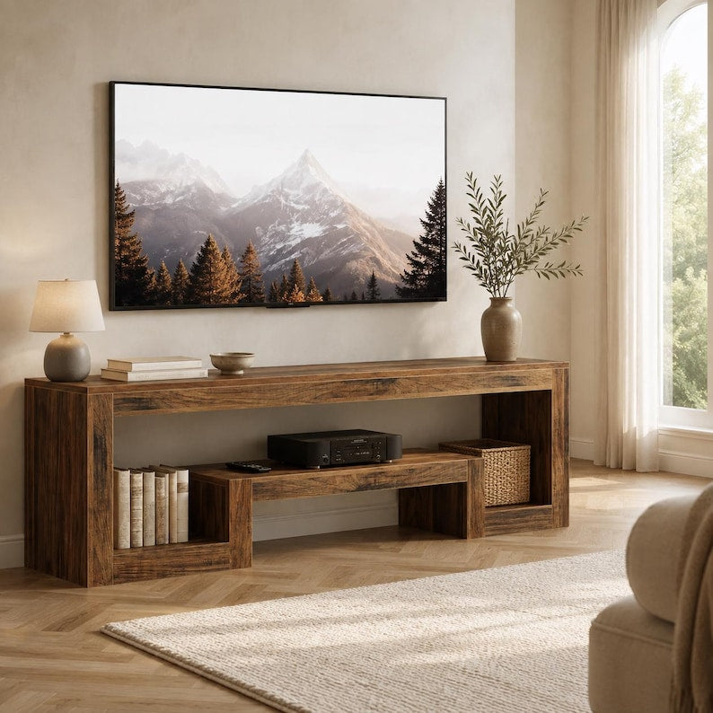 Luxury Farmhouse TV Stand for 65 Inch TV – Rustic Brown Entertainment Center with Open Storage Shelves, Wooden Media Console for Living Room