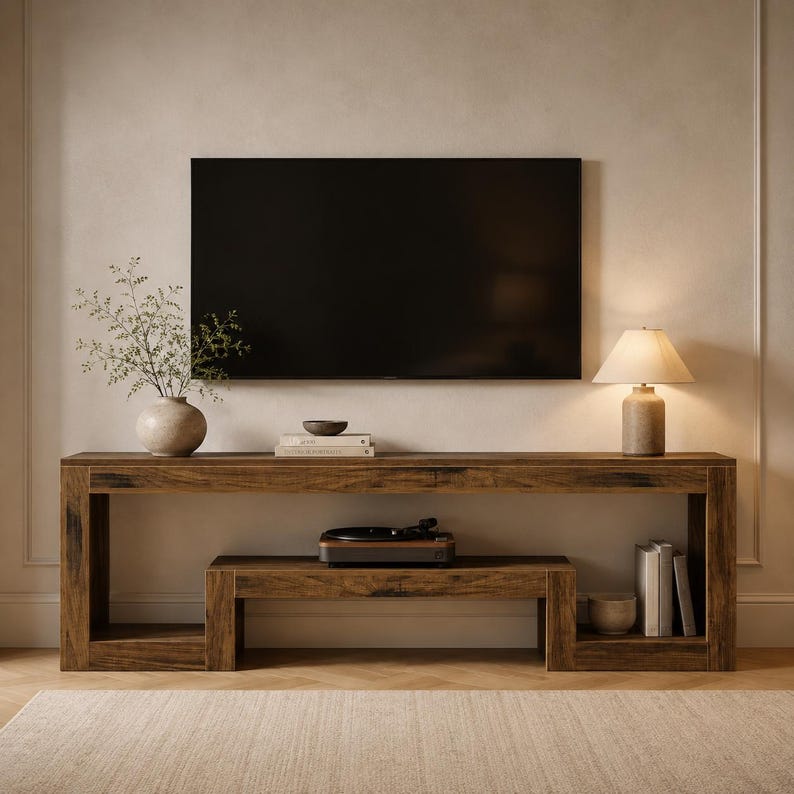 Luxury Farmhouse TV Stand for 65 Inch TV – Rustic Brown Entertainment Center with Open Storage Shelves, Wooden Media Console for Living Room