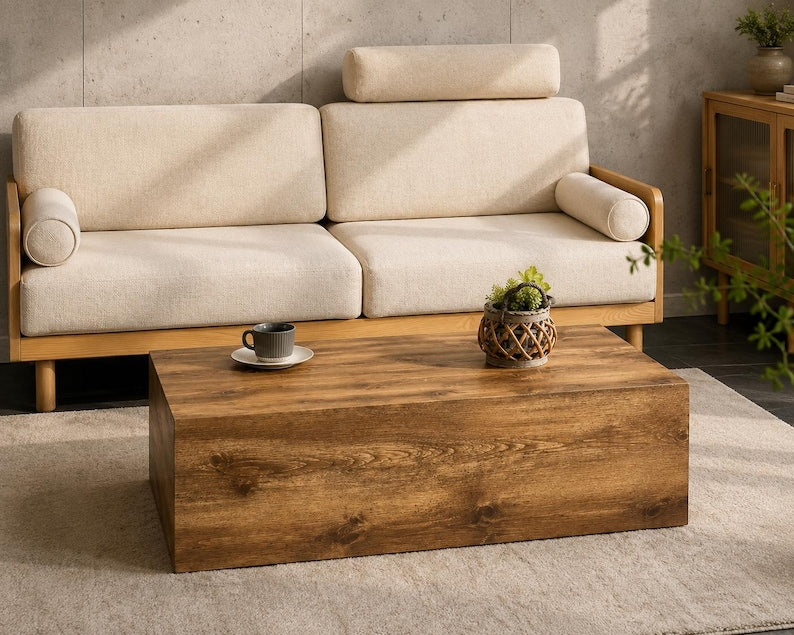 Premium Handmade Coffee Table, Modern Wood Block Coffee Table, 90cm Solid Rectangular Table, Ready to Use