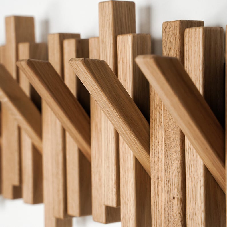 Luxury Wooden Coat Rack Wall Mounted Handmade Solid Oak Natural Wood Hook Rail for Hallway