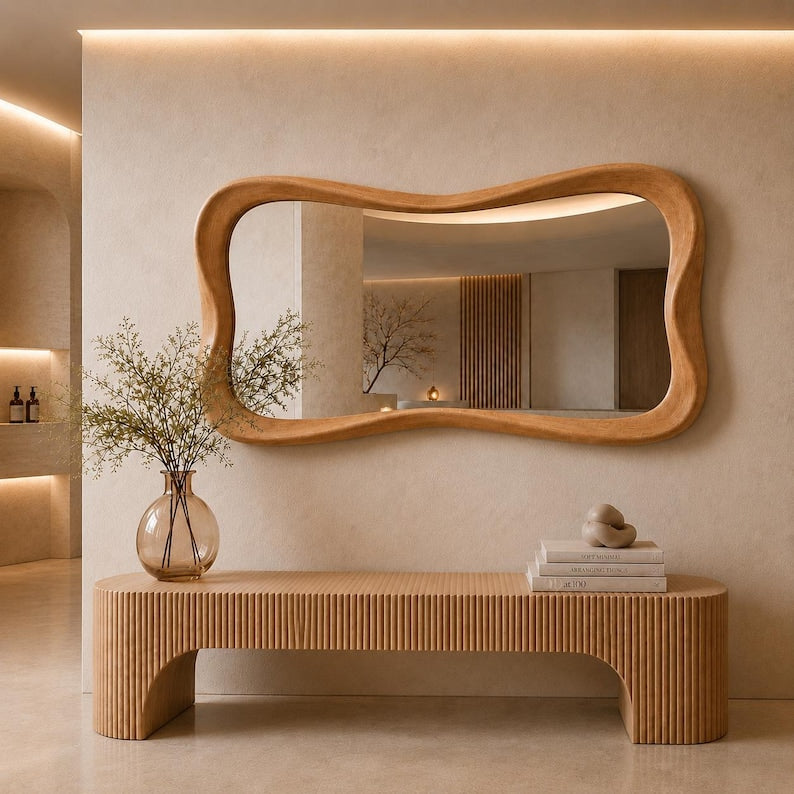 Luxury Handcrafted Wavy Mirror, Asymmetrical Teak Wood Frame, Modern Wall Decor, Living Room Bedroom, Housewarming Gift