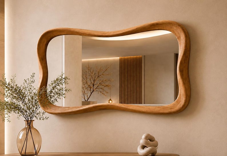 Luxury Handcrafted Wavy Mirror, Asymmetrical Teak Wood Frame, Modern Wall Decor, Living Room Bedroom, Housewarming Gift