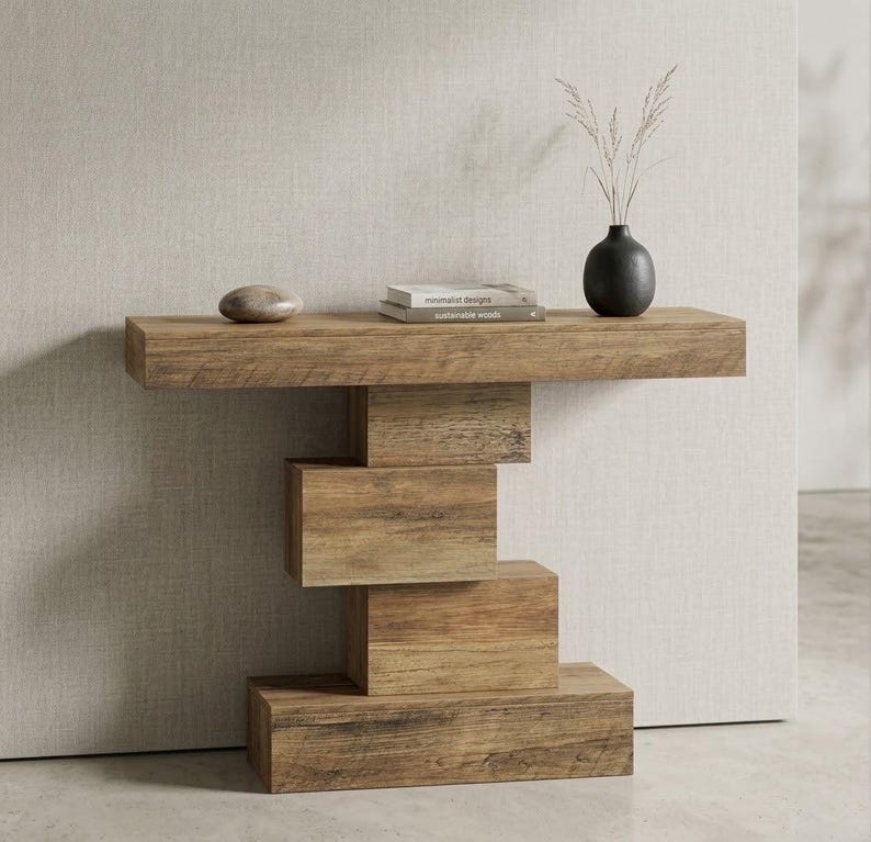 Modern Wood Entryway Table, Geometric Console Table Farmhouse Hallway Accent, Minimalist Sofa Table Behind Couch Living Room Furniture