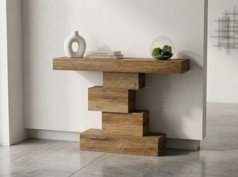 Modern Wood Entryway Table, Geometric Console Table Farmhouse Hallway Accent, Minimalist Sofa Table Behind Couch Living Room Furniture
